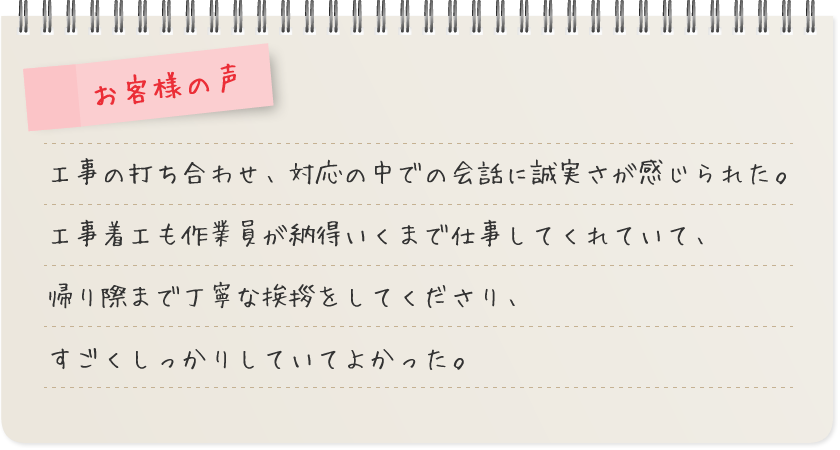 お客様の声 - 工事の打ち合わせ、対応の中での会話に誠実さが感じられた。工事着工も作業員が納得いくまで仕事してくれていて、帰り際まで丁寧な挨拶をしてくださり、すごくしっかりしていてよかった。